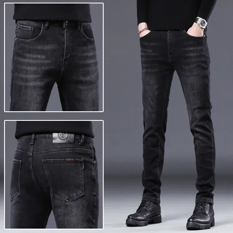 香港2025秋冬新款黑色加绒加厚保暖牛仔裤男士修身小脚弹力长裤子