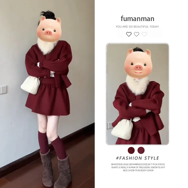 千金小香风圣诞套装冬季新款氛围感宽松百搭外套韩系短裙两件套装