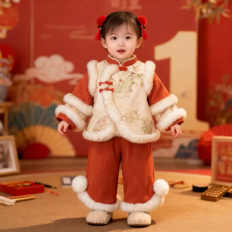 女宝抓周礼服冬装中式国风唐装女童周岁生日衣服小女孩过年拜年服