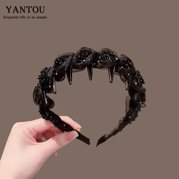 高级感复古洋气串珠水晶麻花辫发箍高颅顶带齿头箍轻奢压发卡发捆
