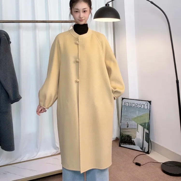 新中式100%纯羊毛简约宽松温柔风圆领扣子时尚百搭长款秋冬大衣