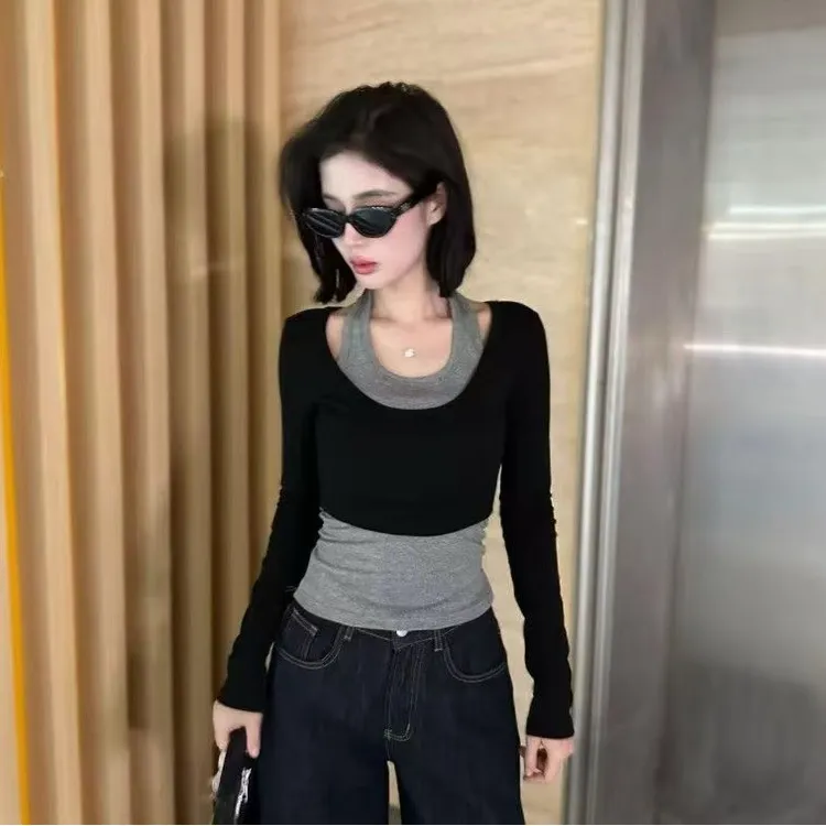 超绝韩系慵懒风u领长袖罩衫T恤早秋少女感内搭挂脖背心休闲套装
