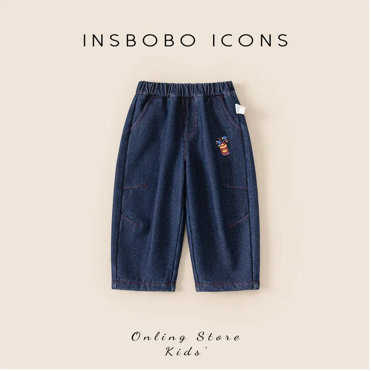 INSbobo儿童休闲裤子冬季加厚牛筋腰卡通印花加绒牛仔裤潮DK85120