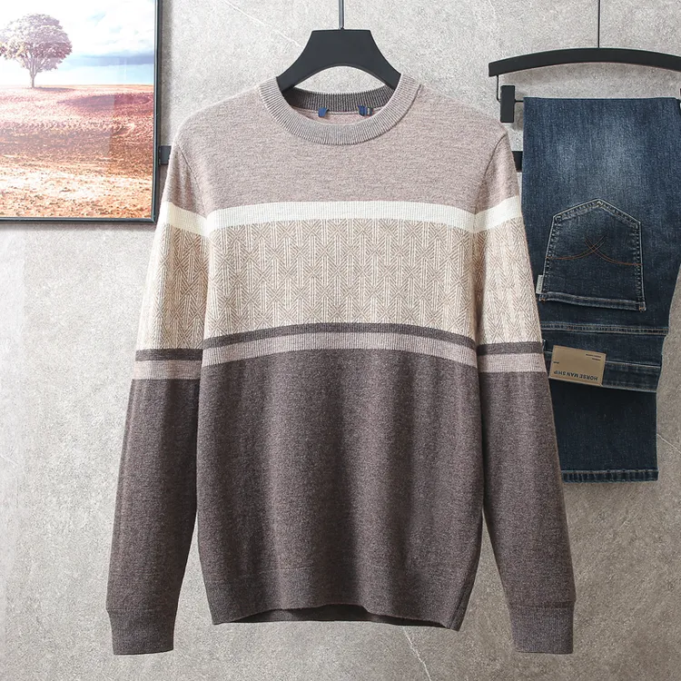 100%绵羊毛H系撤柜男装卡其色毛衣男款保暖提花时尚圆领羊毛衫