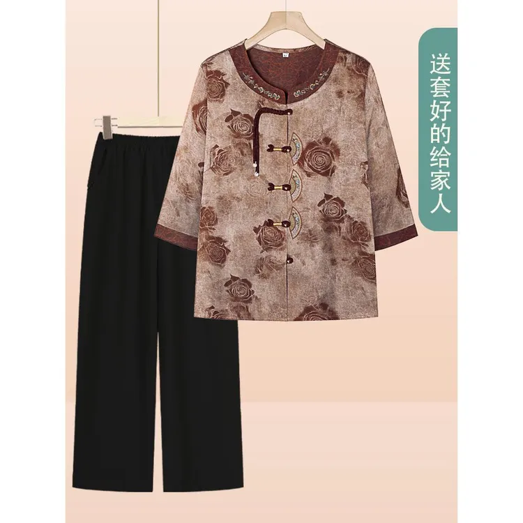 老年人夏天衣服妈妈夏装七分袖小衫奶奶短袖套装2025新款洋气衬衣