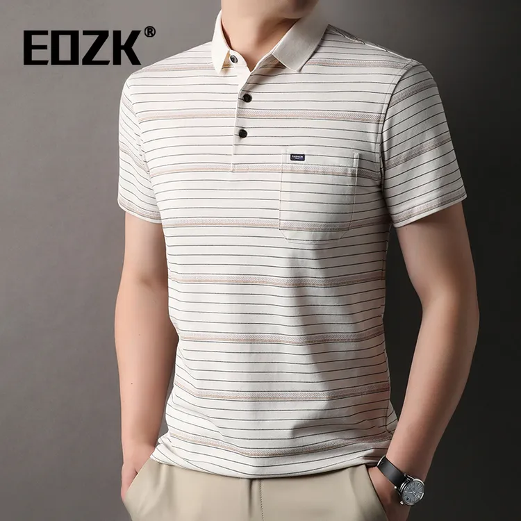 Eozk休闲带口袋中年男装丝光棉短袖t恤爸爸夏装横条纹翻领polo衫