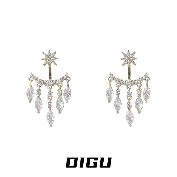 嘀咕家 铜合金合成锆石耳饰 复古星芒水滴流苏耳环轻奢前后式耳饰
