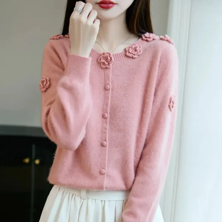 重工钩花工艺~洋气时尚100%纯羊毛衫针织打底衫时尚减龄立体花朵