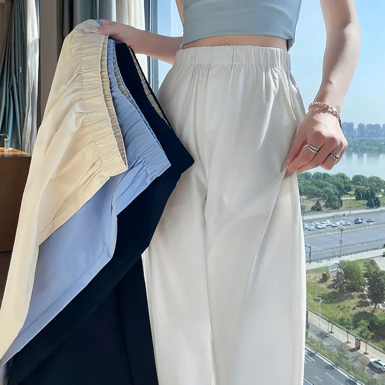 夏季口袋休闲裤夏季女士米白色裤子打底宽松小个子薄款显瘦九分裤