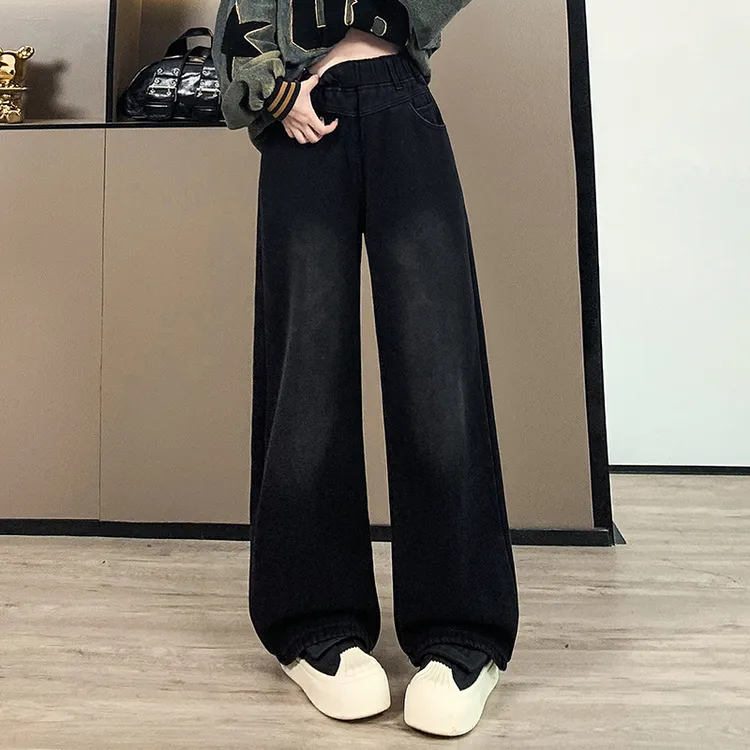 大码松紧腰牛仔裤女胖mm拖地裤秋冬加绒高腰直筒阔腿黑色牛仔长裤