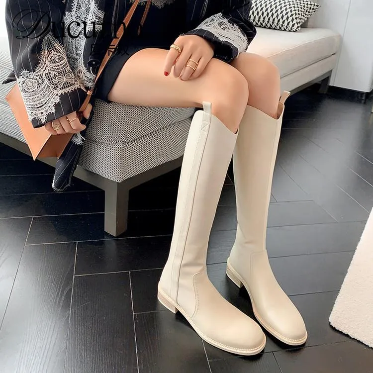 DUCURNO3.5cm中跟圆头骑士靴女后拉链粗跟不过膝长靴高筒瘦瘦靴子