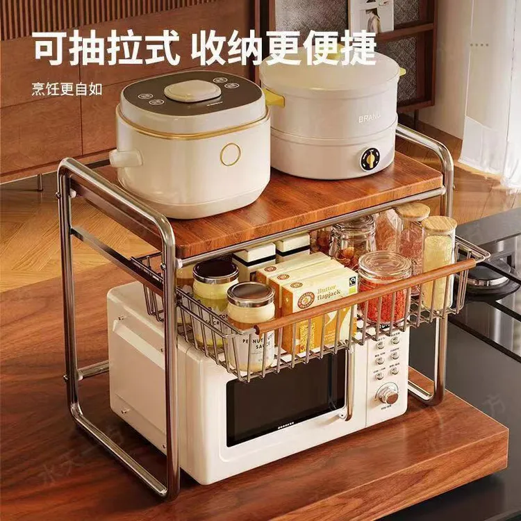 厨房烤箱层架可抽拉式调料抽屉架碳钢架身镂空透气微波炉收纳架