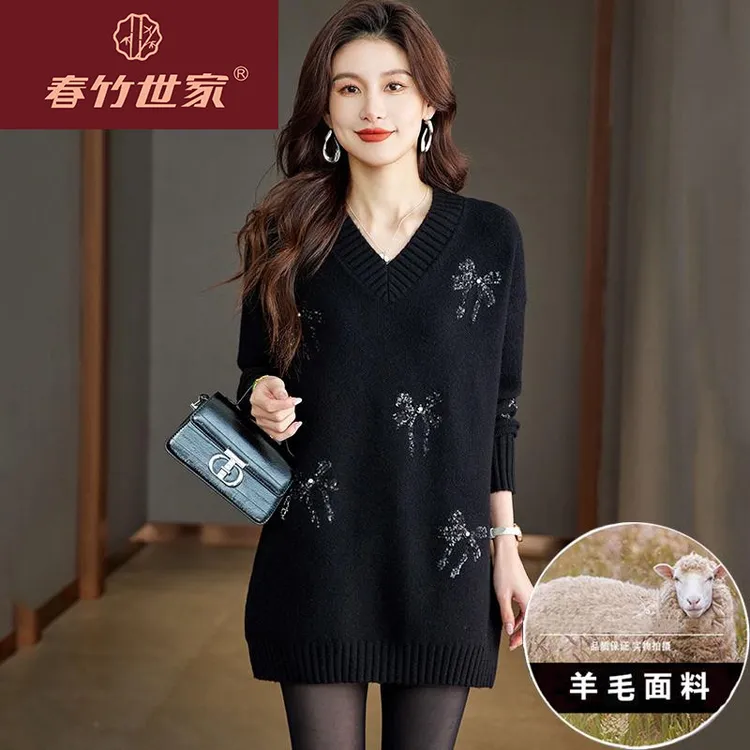 春竹世家名品牌高端毛衣女款2024新款秋冬季遮肉羊毛针织打底衫中