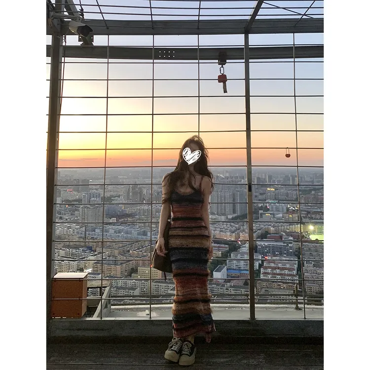 【早秋调色盘】彩色条纹针织吊带裙连衣裙+机车皮衣外套22386#