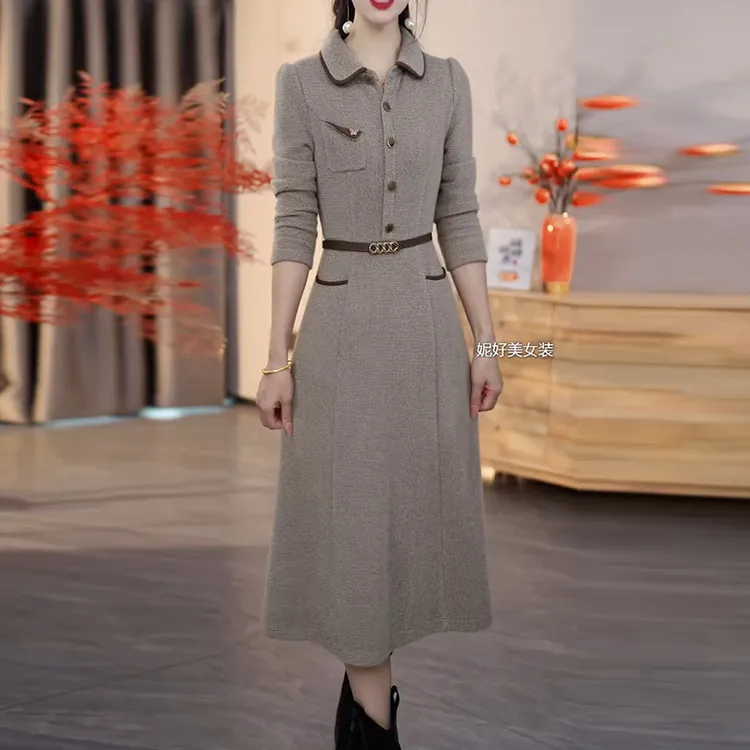 高级感精致长袖连衣裙女2025春秋新款女士洋气显瘦遮肉中长款裙子