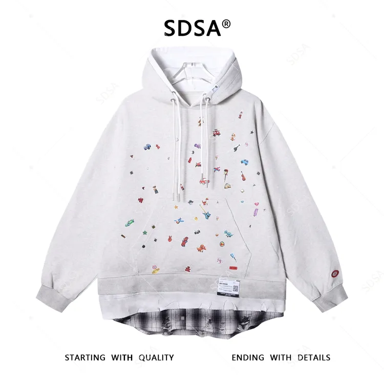 SDSA男士秋冬新款痞帅男装复古卡通印花假三件连帽卫衣时尚潮牌