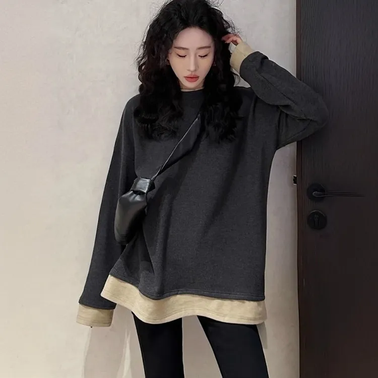欧货假两件双面德绒加厚磨毛长袖t恤女秋冬中长款圆领上衣打底衫