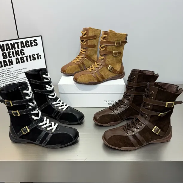 2025年新款时尚洋气磨砂皮欧美风卡扣短靴舒适百搭休闲