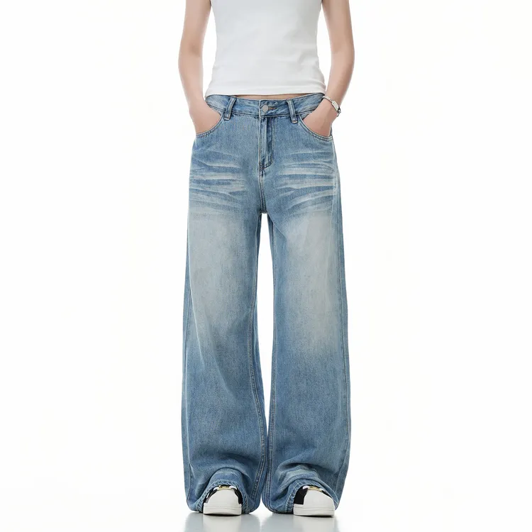 LA17美式复古水洗猫须做旧浅蓝色牛仔裤男女宽松直筒裤子9265