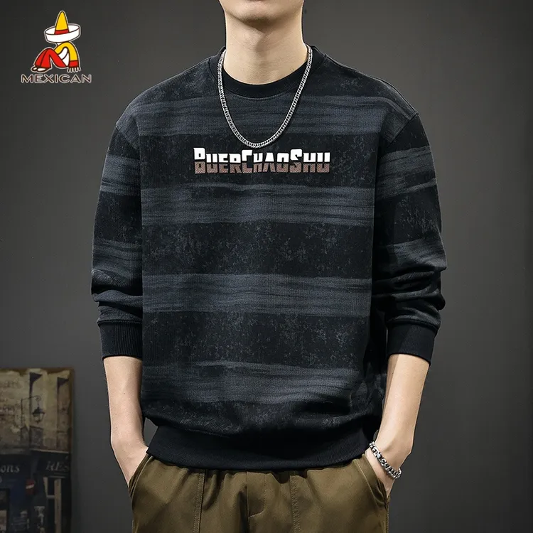 Mexican/稻草人秋季潮流长袖卫衣男款美式休闲宽松条纹印花上衣潮