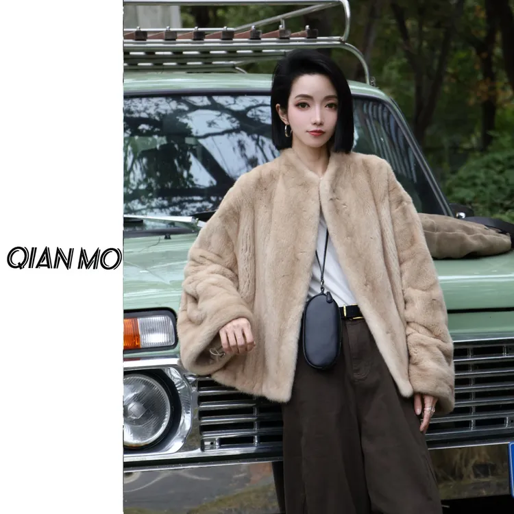 【宝莱坞】V领进口水貂皮草女装短款 全抽刀 短二貂皮外套5252972