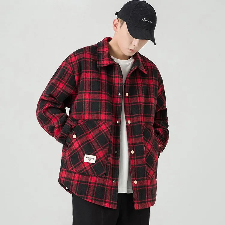 秋季格子男春季磨毛格纹小香夹克方领拉链肩章极简风671