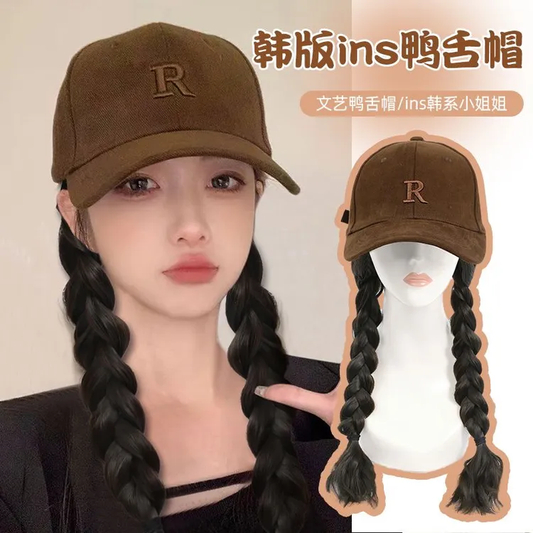 新款女士长发麻花辫帽子发一体式棒球帽自然百搭气质帽子假发头套