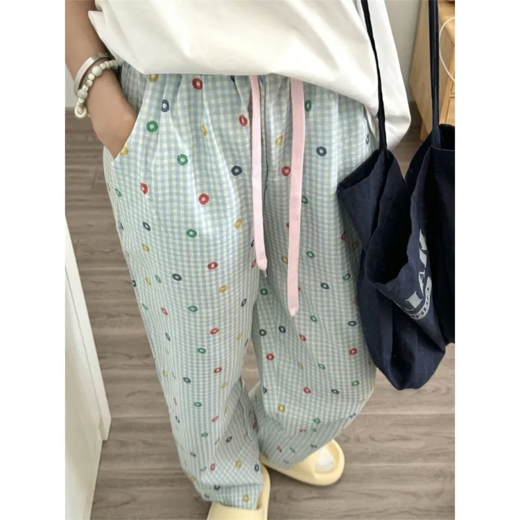 【韩版甜美风】蓝色格子圆圈印花睡裤女夏季新款高腰长裤家居遛弯裤