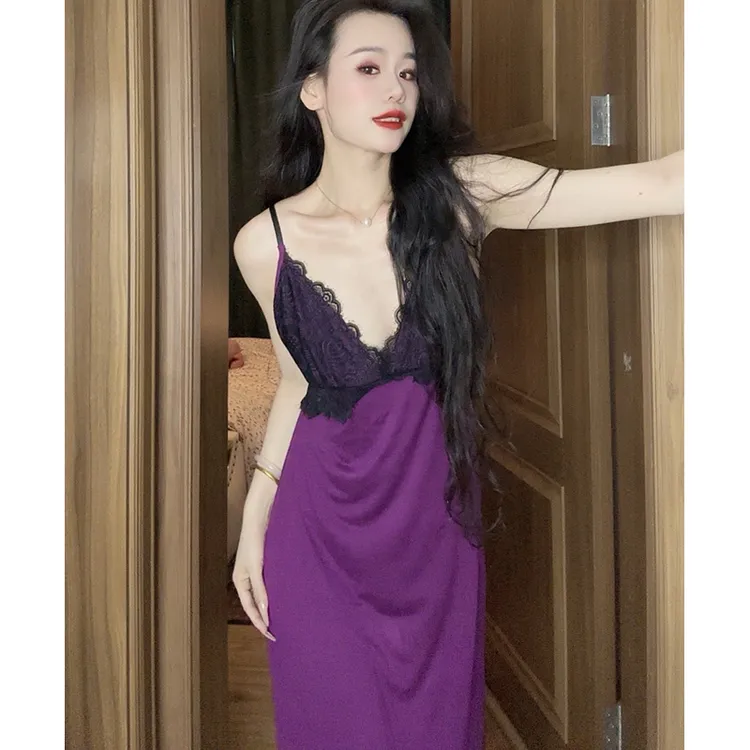 带胸垫战袍爆款2025性感长裙高级感纯欲风吊带蕾丝睡裙女收腰显瘦