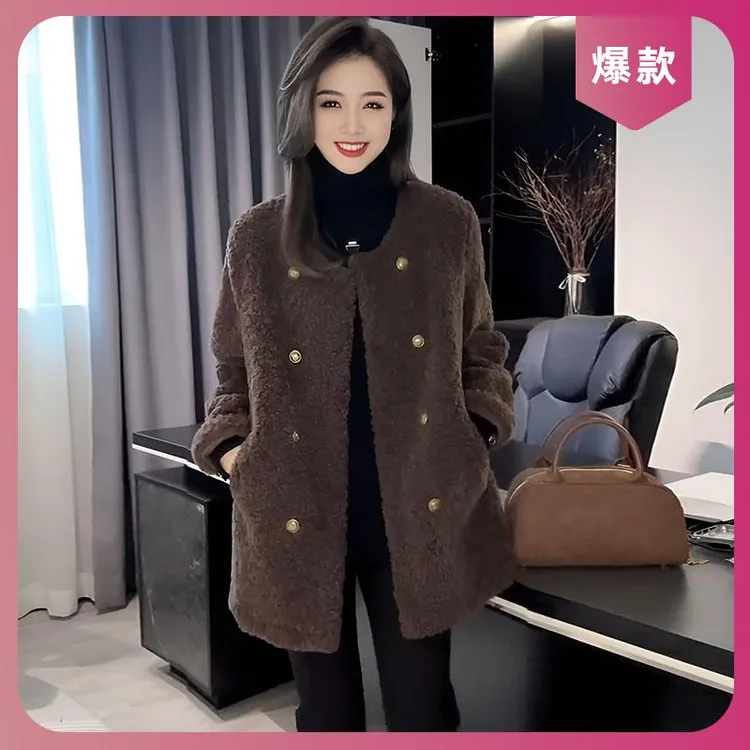 时尚小香风圆领双排扣中长款外套女2025冬季新款宽松显瘦毛毛大衣