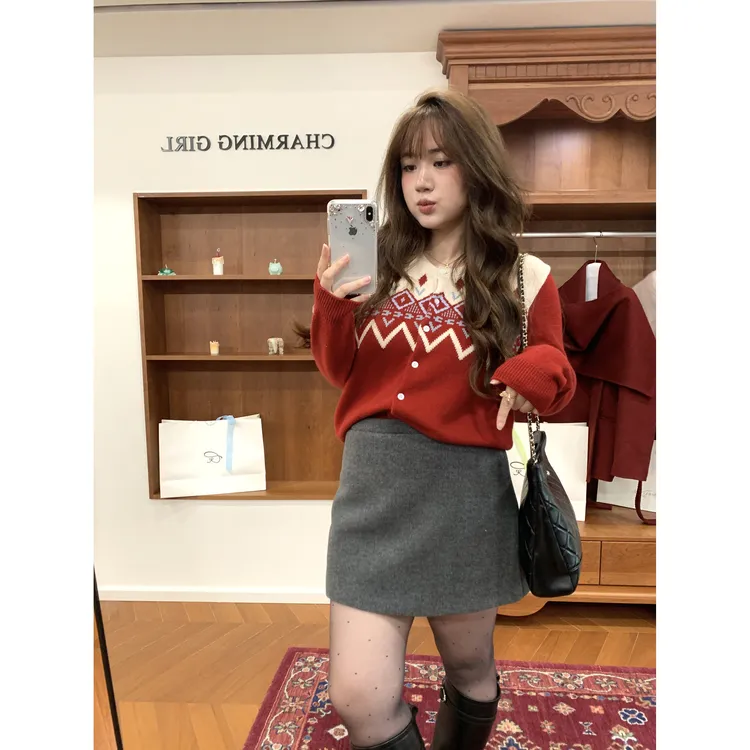 脚趾筋圣诞节要一起约会吗 韩系a字氛围感毛呢短裙微胖MM大码