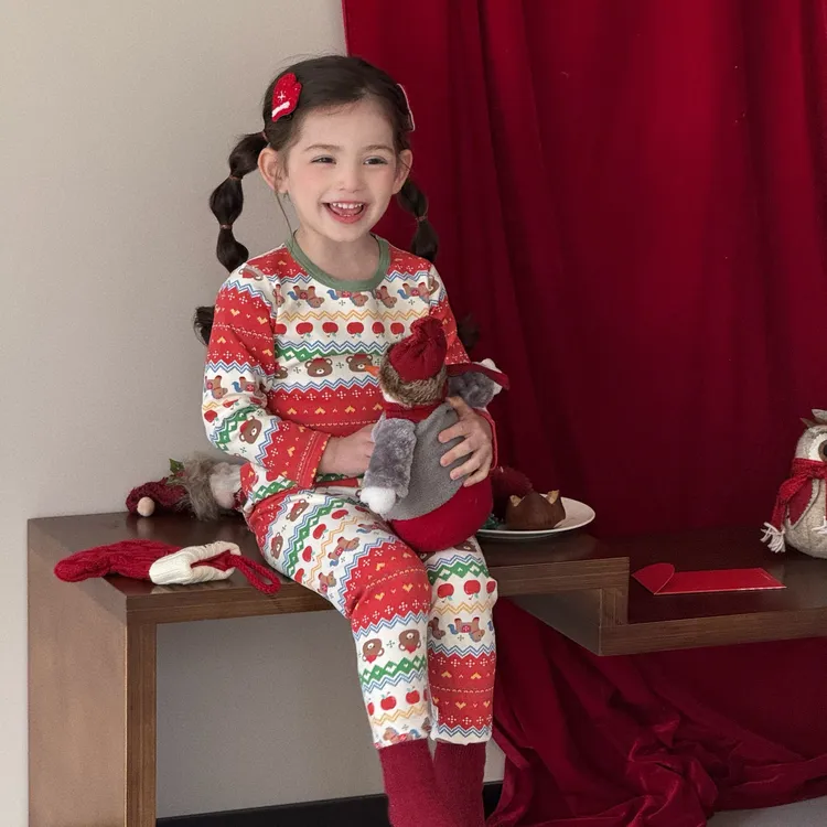 【The one】纯棉300g加厚儿童年衣秋衣秋裤女童红色睡衣家居服套装