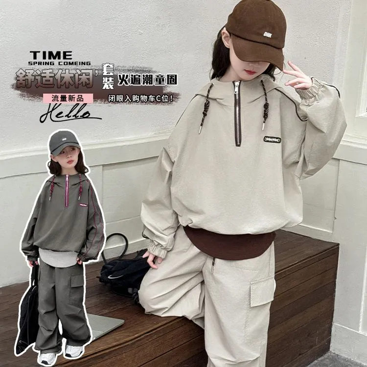 女童春秋套装春季2025新款大童卫衣工装裤两件套儿童运动服4-16岁