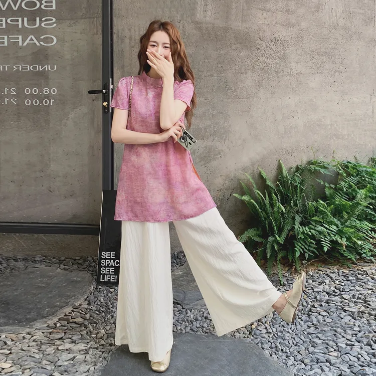 国风新中式套装裤女2025夏新款设计感旗袍上衣松弛感阔腿裤两件套