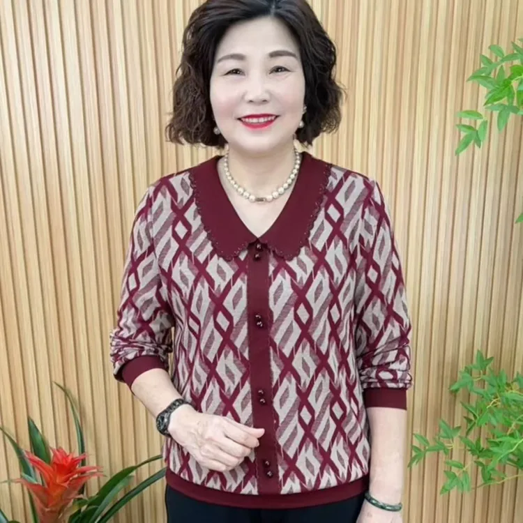 长袖烫钻常规娃娃领中老年女装小衫套头洋气V8959