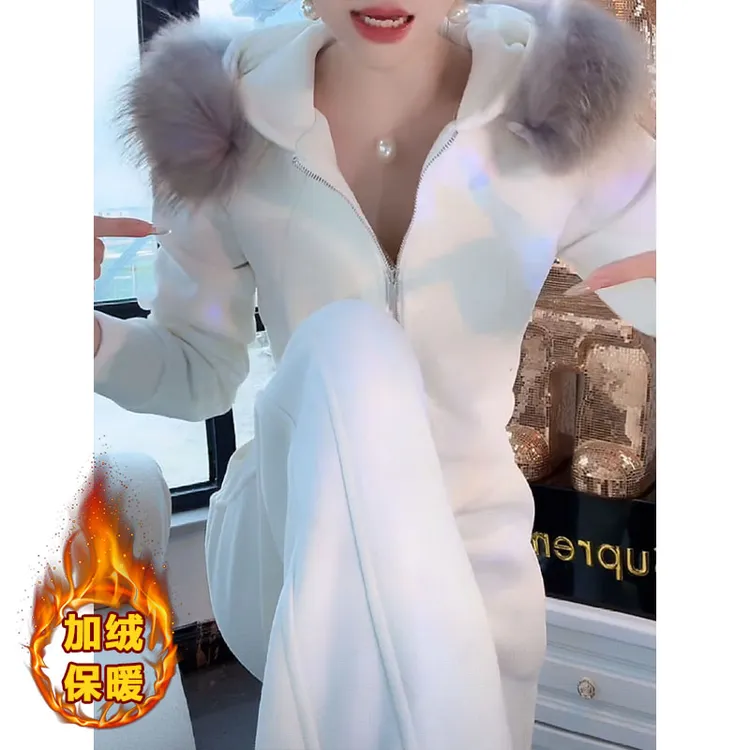 2025超火冬装一整套毛绒毛领卫衣外套显瘦休闲裤加绒气质两件套装