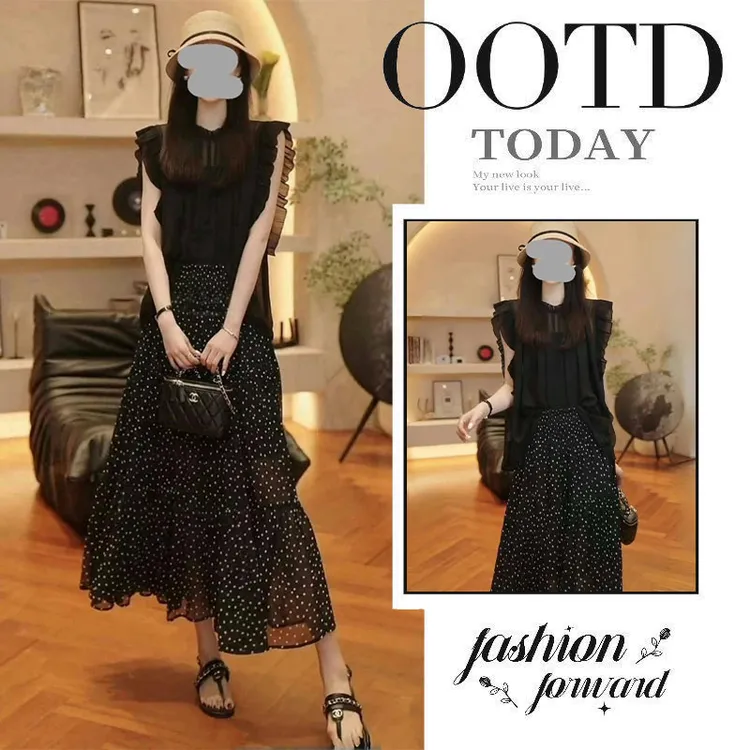 2025年夏季新款法式气质时尚飞飞袖上衣高腰显瘦波点半身裙两件套