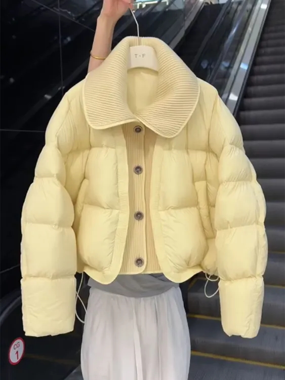 奶黄色泡芙翻领短款棉服女2025年冬季加厚保暖小个子面包服外套冬