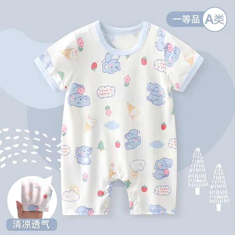 夏季婴幼儿开档连体衣短袖哈衣男女童宝宝卡通薄款新生儿超萌短爬
