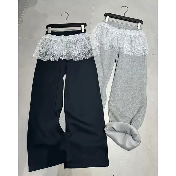 2024秋冬装新款芭蕾风蕾丝花边保暖卫裤女欧货松紧腰休闲阔腿裤潮