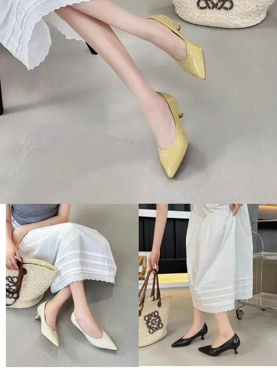 细跟薄款头层牛皮中跟尖头浅口单鞋女鞋休闲百搭港风188387