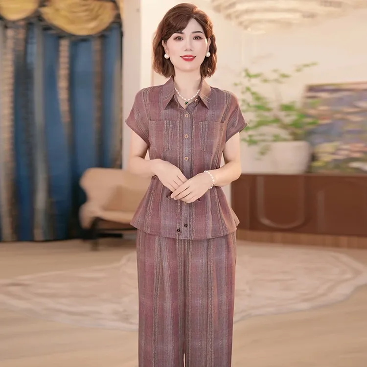 高端洋气两件套女2025夏季新款显瘦遮肉时尚中老年妈妈上衣套装