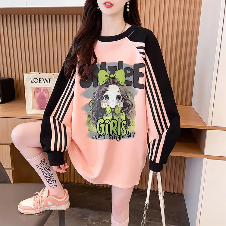 秋冬韩版宽松慵懒风三条杆卫衣女中长款加绒加厚插肩袖显瘦上衣潮