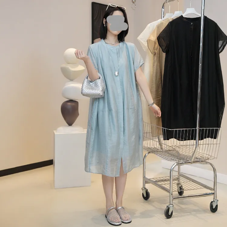 法式蓝色短袖连衣裙女夏季小个子韩系chic别致宽松显瘦温柔风裙子