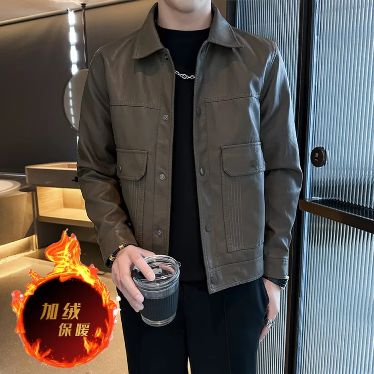 业速复古软皮衣男士夹克男2025新款加绒皮外套修身时尚百搭上衣