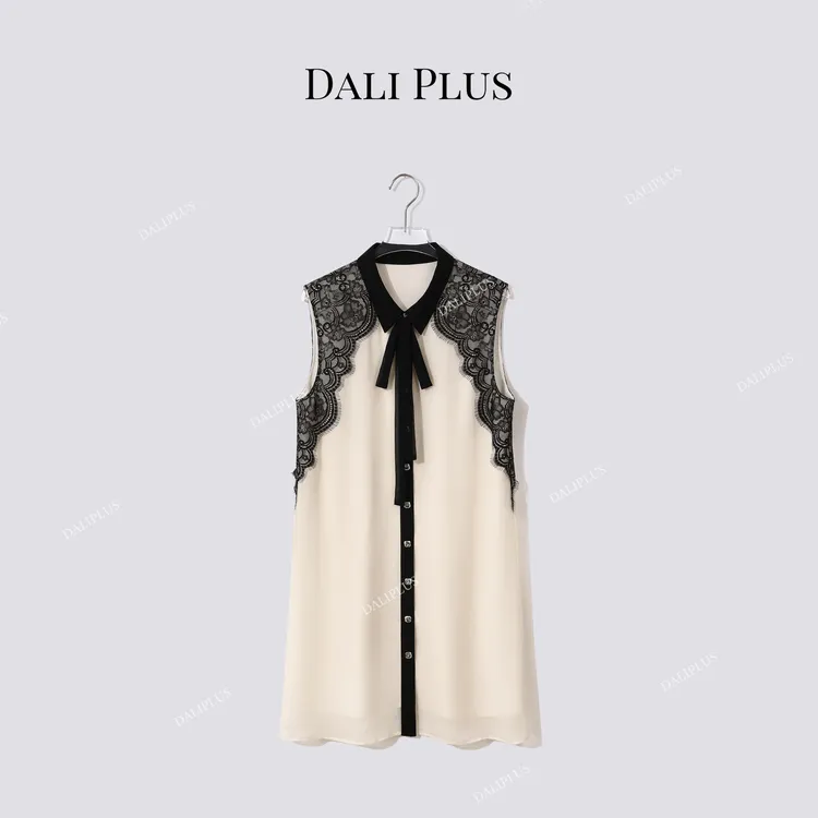DALI PLUS“100真丝撞色蕾丝无袖连衣裙”桑蚕丝直筒裙-D5XH0055