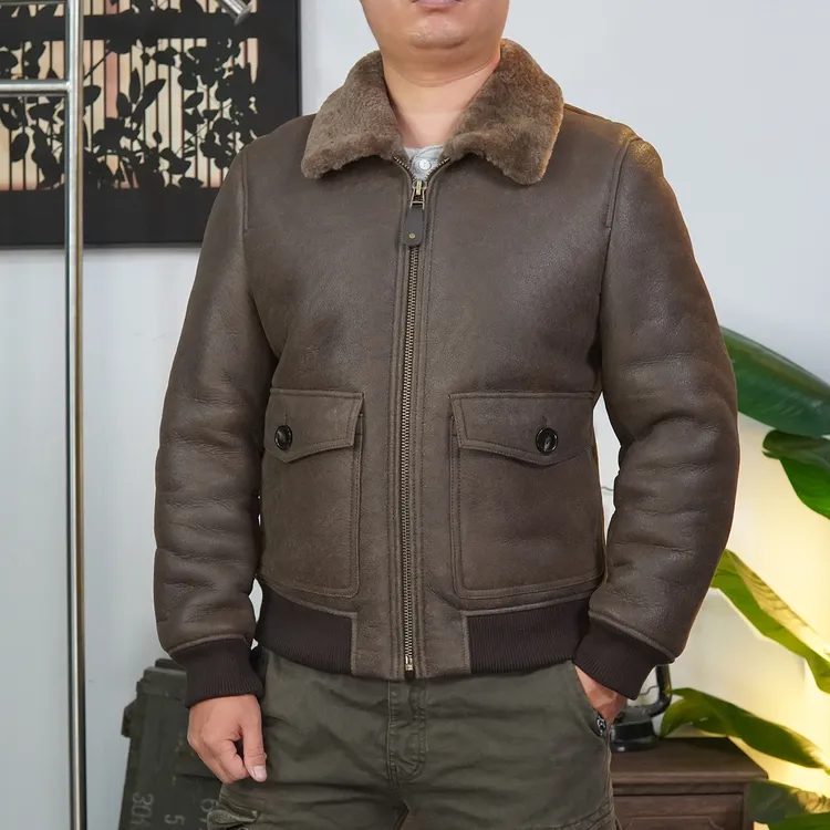 RL复古老钱风A2羔羊皮飞行服皮夹克男士皮毛一体厚G1真皮皮衣外套