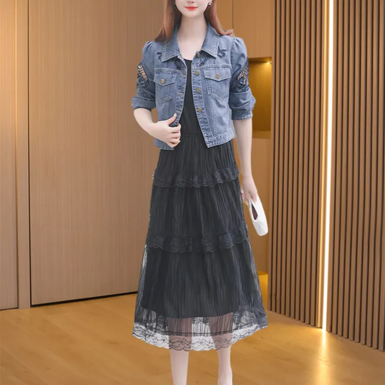 【可蓓儿】时尚牛仔套装连衣裙女2025新款春秋广州小香风中长妈妈装