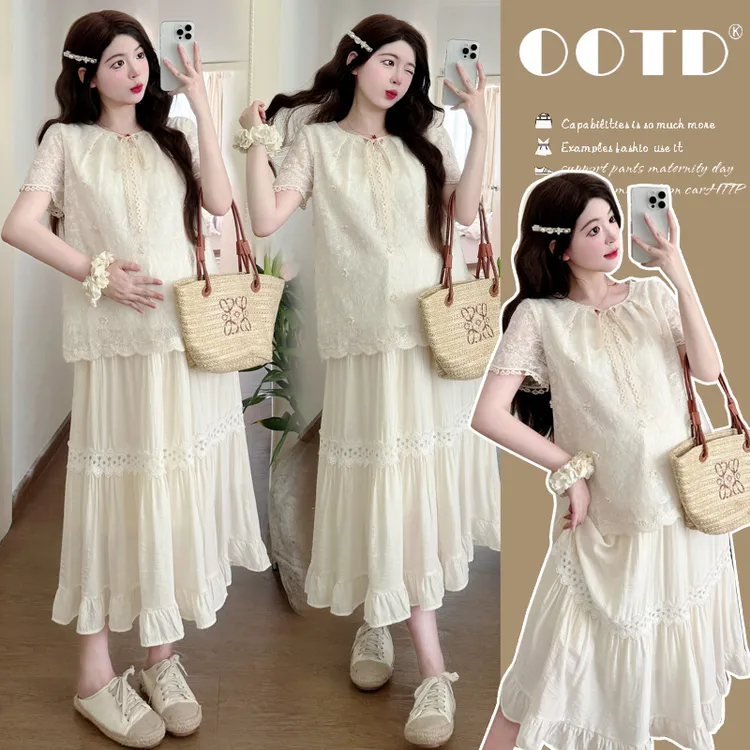 夏季孕妇装显瘦洋气工刺绣时尚设计款孕妇衫+可调节半身裙两件套