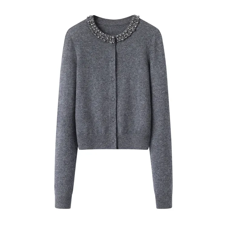 针织衫女商场同款2025春季新款百搭钉珠圆领开衫外套8078